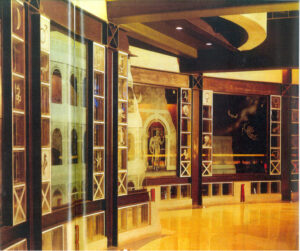 Curved sandblasted glass feature wall inside Arena Nightclub