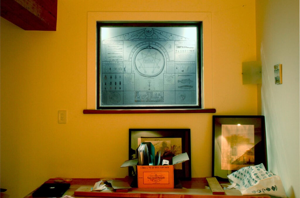 Etched panel in Cherrington–Taine House studio area