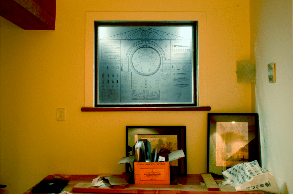 Etched panel in Cherrington–Taine House studio area