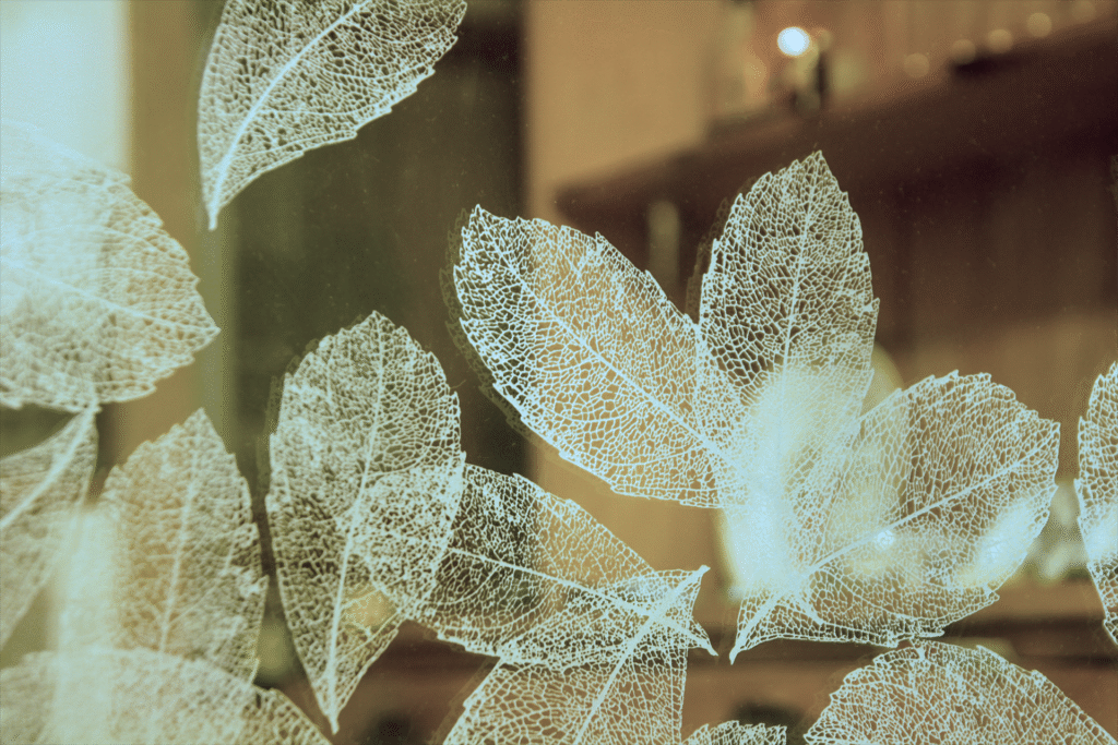 Detail of sandblasted leaf motif on residential glass panel