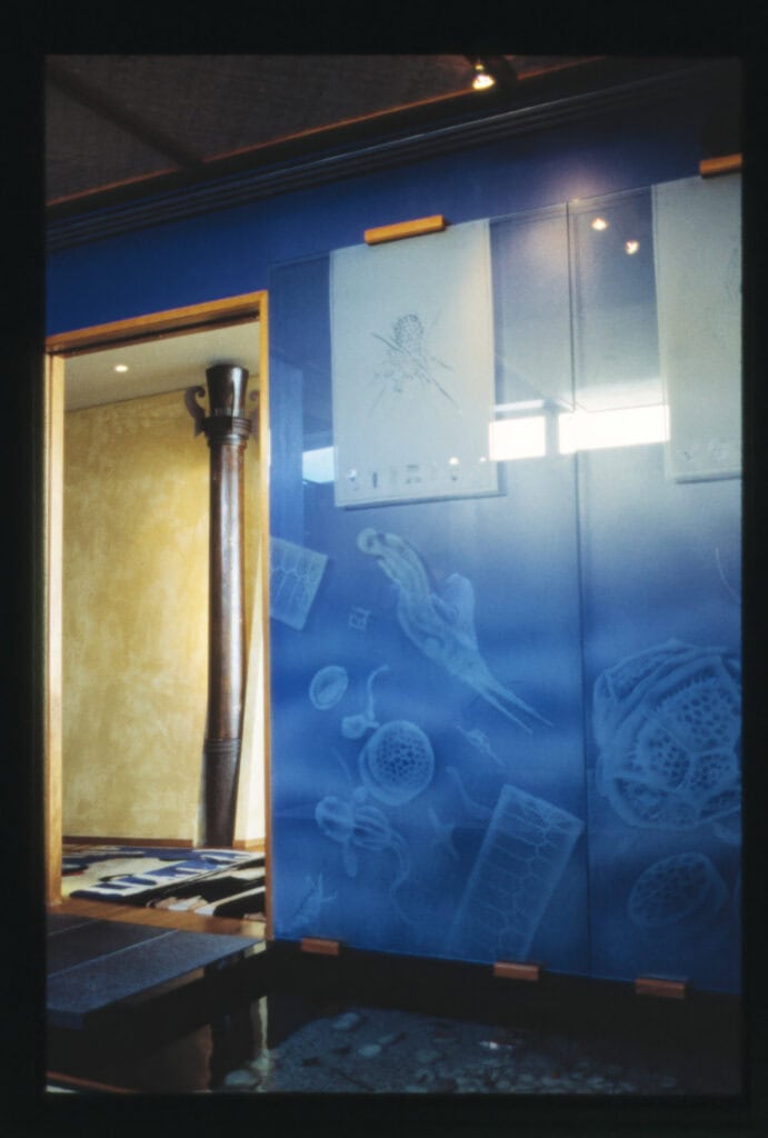 Cool-toned sandblasted glass panels in Tatami Rooms
