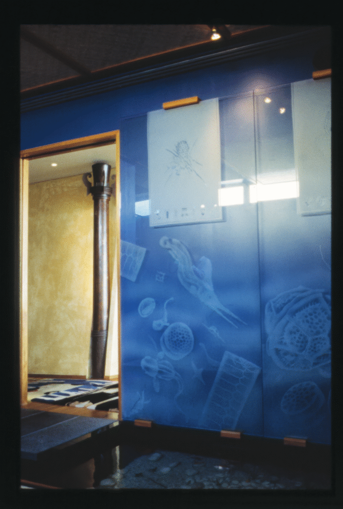 Cool-toned sandblasted glass panels in Tatami Rooms